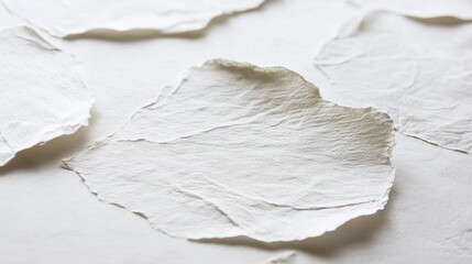 Handmade white paper with uneven texture and natural fibers, showing its organic origin