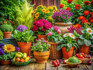 Fototapeta premium Vibrant Home Gardening Scenes Featuring Lush Plants, Colorful Flowers, and Healthy Vegetables in Pots