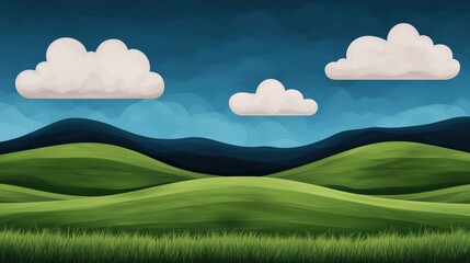 Cartoon Landscape   Green Hills  Blue Sky  Fluffy Clouds