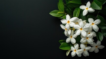 Fototapeta premium A serene arrangement of white flowers and green leaves against a dark background.