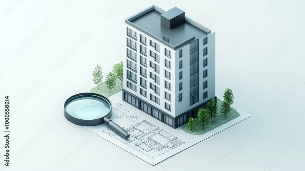 Poster a 3d model of a building on architectural plans with a magnifying glass.