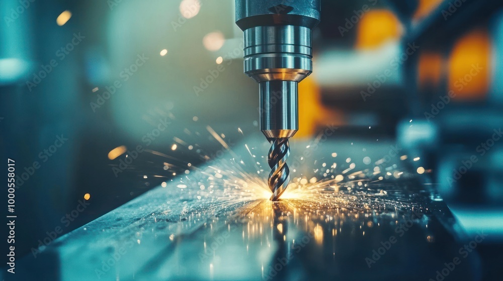 Aufkleber a close-up of a drill bit cutting metal, creating sparks in a workshop setting.