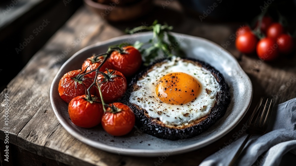 Poster A plate of fried egg with roasted tomatoes on a rustic wooden table.