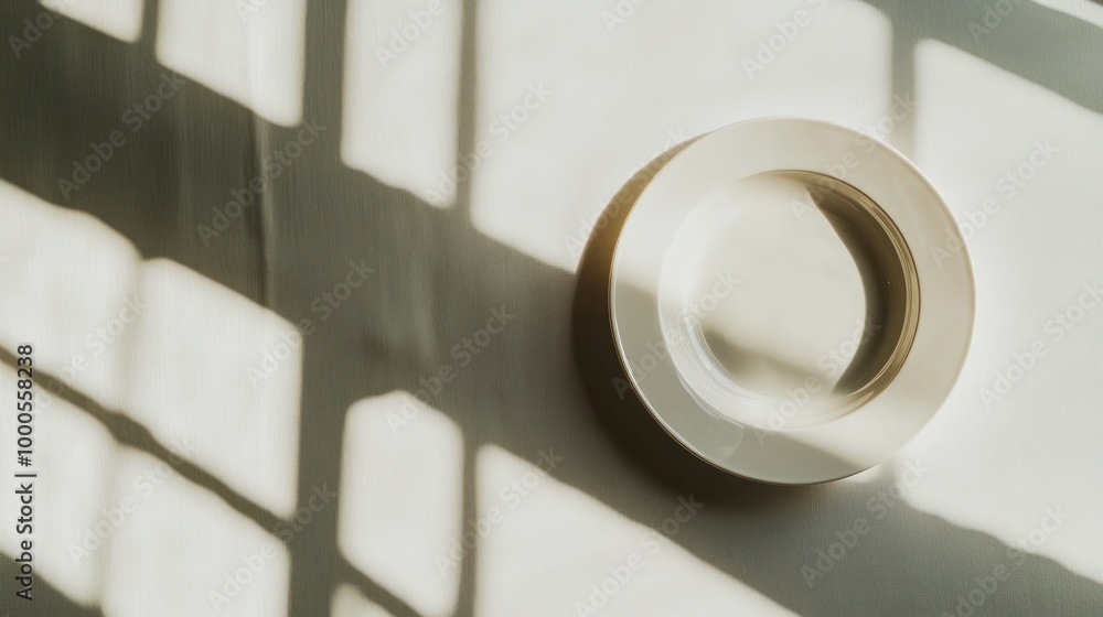 Aufkleber a minimalist plate casting shadows on a textured surface, creating a play of light and form.