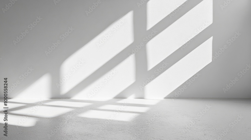Poster minimal white wall with sunlight casting strong linear shadows, creating an abstract artistic backgr