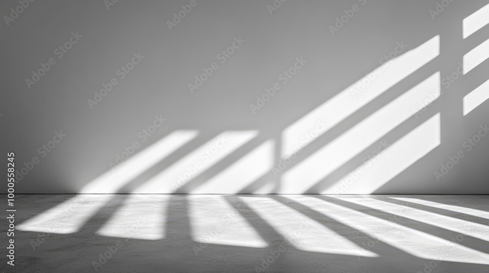 Poster Minimal white wall with sunlight casting strong linear shadows, creating an abstract artistic background -