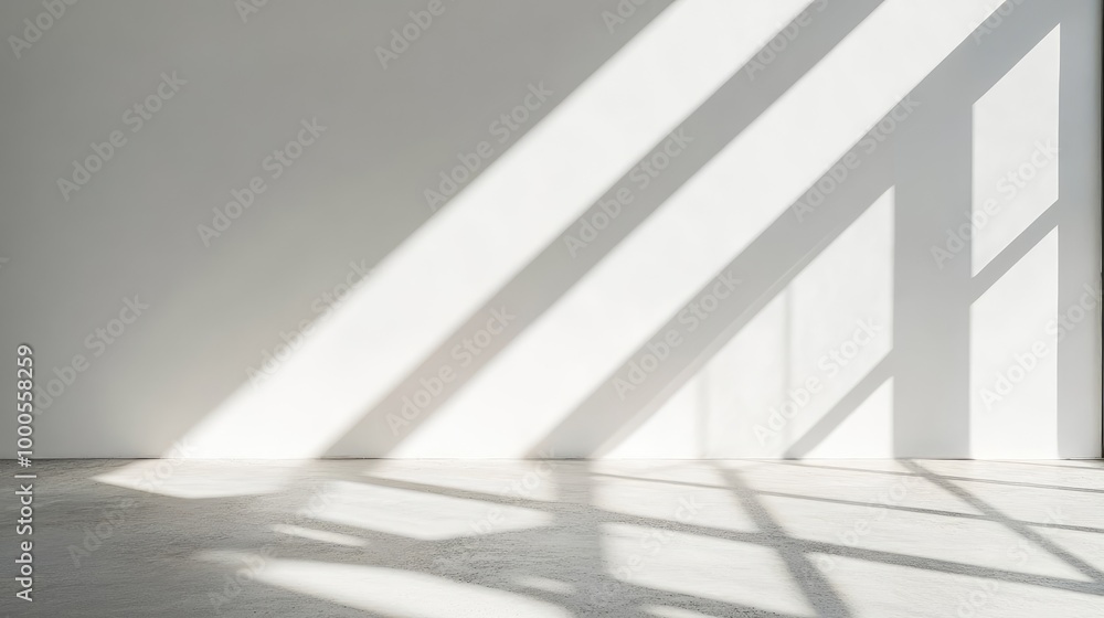 Aufkleber minimal white wall with sunlight casting strong linear shadows, creating an abstract artistic backgr