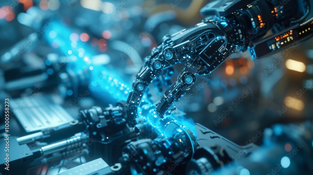 Poster a robotic hand working on a high-tech production line, assembling intricate components with glowing 