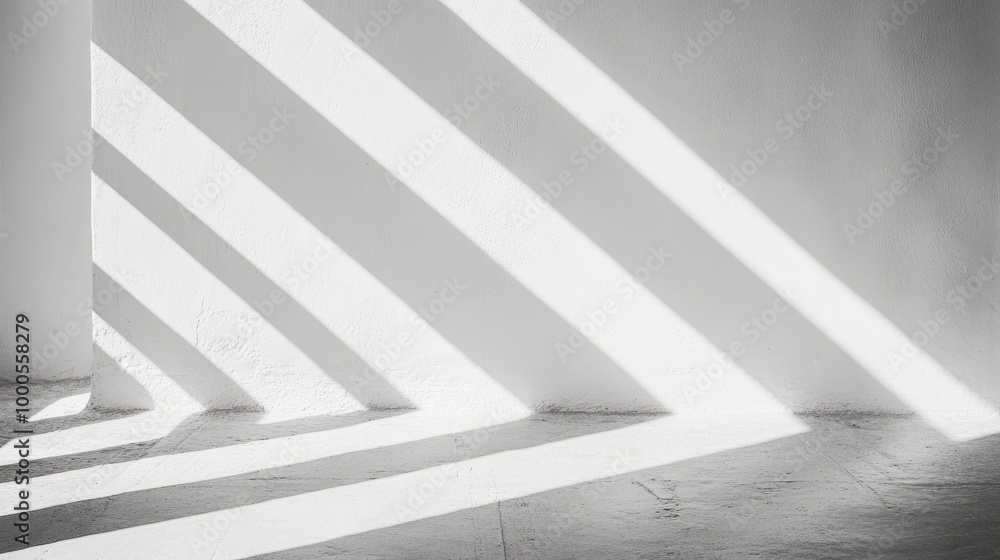 Aufkleber minimal white wall with sunlight casting strong linear shadows, creating an abstract artistic backgr