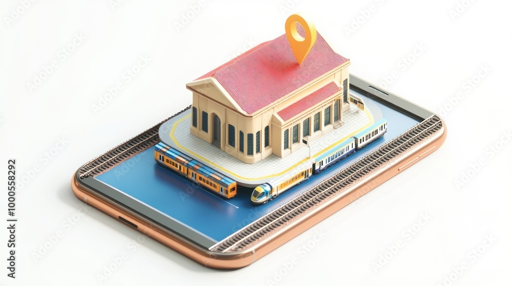 Poster a smartphone displaying a 3d train station model, symbolizing transport and technology integration.