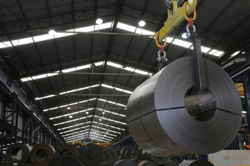 Cold rolled steel coil at storage area. Steel industry plant.
