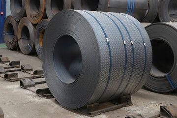 Cold rolled steel coil at storage area. Steel industry plant.
