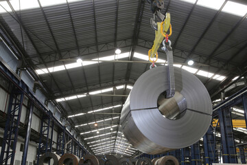 Cold rolled steel coil at storage area. Steel industry plant.