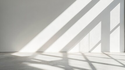 Obraz premium Minimal white wall with sunlight casting strong linear shadows, creating an abstract artistic background -