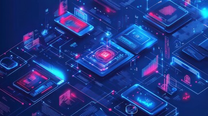 Futuristic digital interface with data visualization and technology elements.