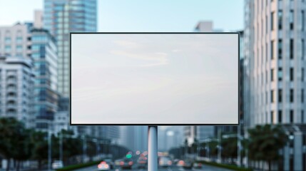 Fototapeta premium Daytime City Billboard Mockup: Realistic billboard in a bustling cityscape, prominently displaying an advertisement. Ideal for high-traffic areas like intersections and expressways, during the day.