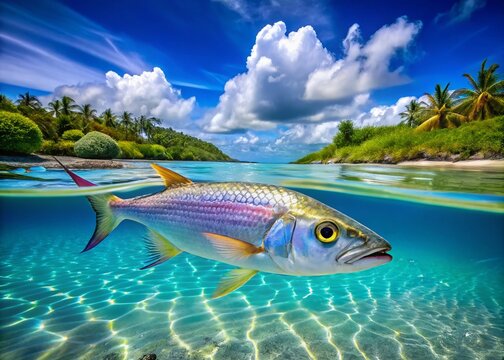 Vibrant Ladyfish Swimming Gracefully Through Crystal Clear Tropical Waters in Ocean Environment