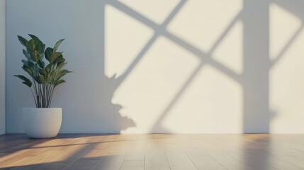 Modern interior with a blank white wall and hardwood floor, ideal for product staging or interior design concepts