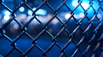 Fototapeta premium Close-up of an MMA cage's chain-link under blue lighting, capturing the intense fight night atmosphere.