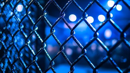 Fototapeta premium Close-up of an MMA cage's chain-link under blue lighting, capturing the intense fight night atmosphere.