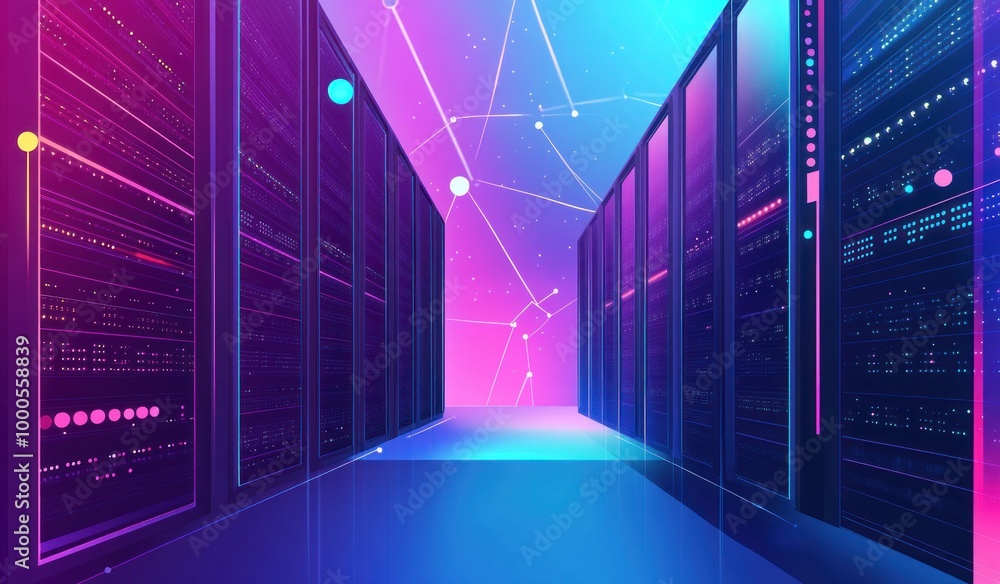 Poster a futuristic data center with illuminated server racks and a digital network backdrop.