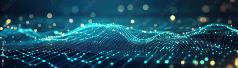 Poster abstract digital landscape with glowing lines and nodes representing data flow.