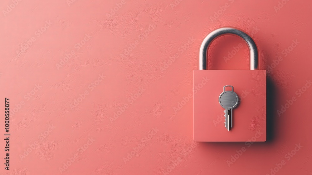 Poster red padlock with key on pink background security privacy and access concept