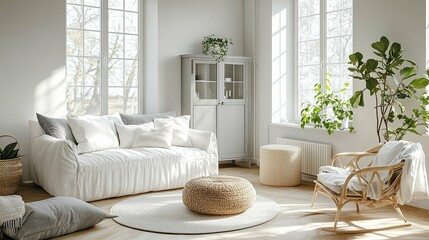 A Cozy Living Room with White Sofa, Natural Elements, and Sunlight Streaming Through Windows