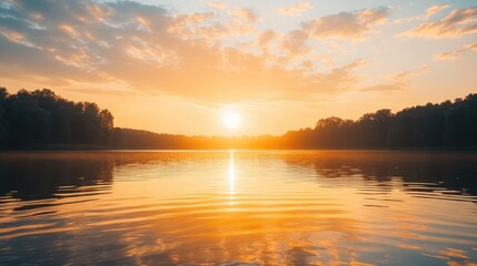 Obraz premium Peaceful golden sky at sunset with soft clouds and warm tones reflecting on a calm lake, creating a serene atmosphere