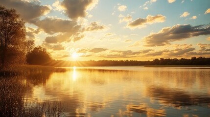 Fototapeta premium Peaceful golden sky at sunset with soft clouds and warm tones reflecting on a calm lake, creating a serene atmosphere