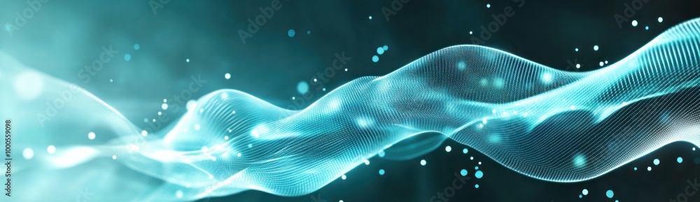 Poster abstract wave design with glowing particles, representing technology and digital concepts.
