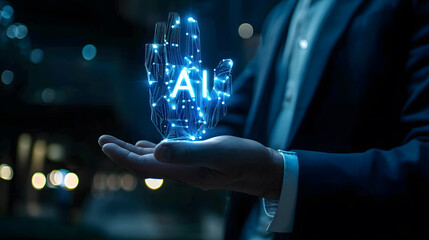 AI Hologram in Hand with Futuristic Digital Connections