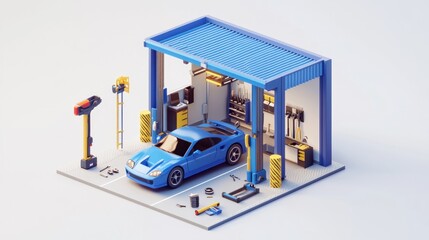 Fototapeta premium A 3D model of a car garage with tools and a blue sports car inside.