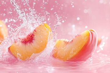 Fototapeta premium Water splashing on Peach and Peach slice isolater on a pink background .generative ai