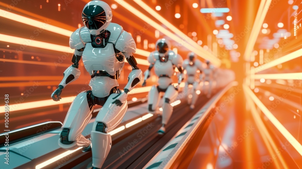 Aufkleber a row of futuristic humanoid robots run on a high-speed conveyor belt, glowing with dynamic orange l