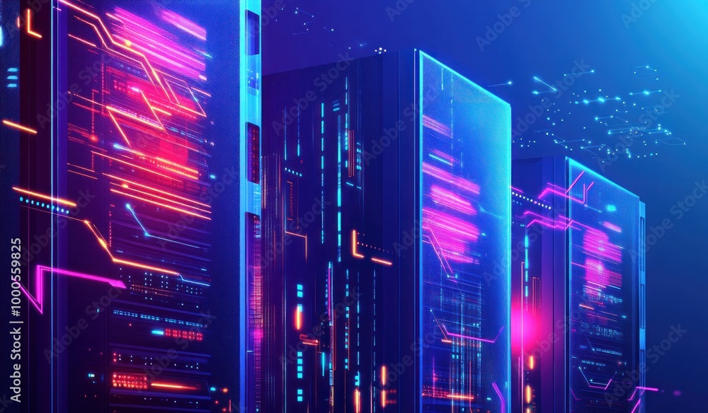 Poster futuristic server racks illuminated with vibrant neon lights and digital patterns.