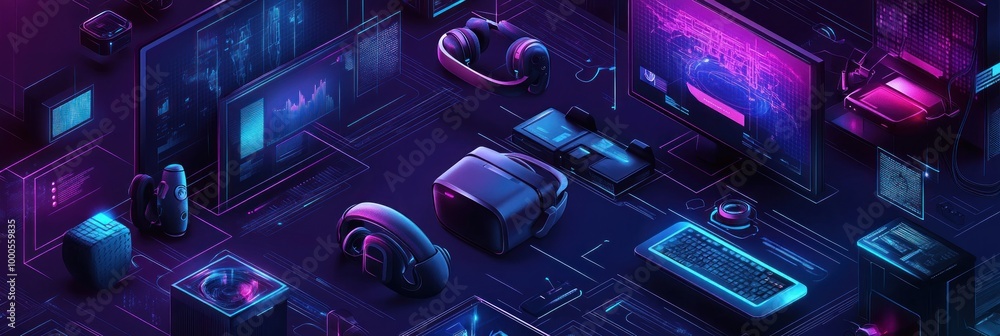 Aufkleber futuristic workspace featuring advanced tech like vr headsets and multiple screens.