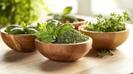 A collection of fresh herbs in wooden bowls, ideal for cooking and garnishing dishes.