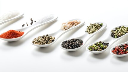 A collection of various spices and salts arranged in spoons for culinary use.
