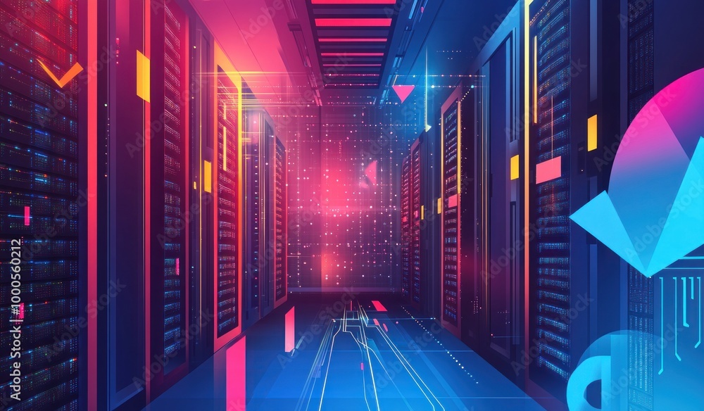 Poster a futuristic data center with colorful lights and digital elements.