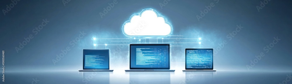 Poster three laptops connected to a cloud, symbolizing data storage and technology integration.