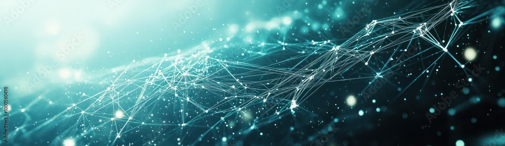 Poster abstract digital network visualization with glowing lines and particles.