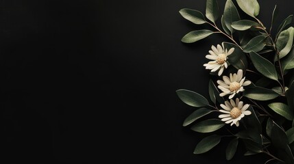 A minimalist arrangement of white flowers and green leaves on a dark background.