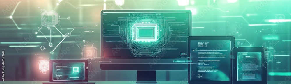 Poster a futuristic workspace showcasing digital devices displaying circuit designs and data analysis.