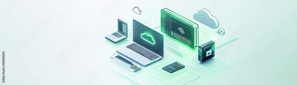 Poster digital illustration of cloud computing concepts with devices and data storage.