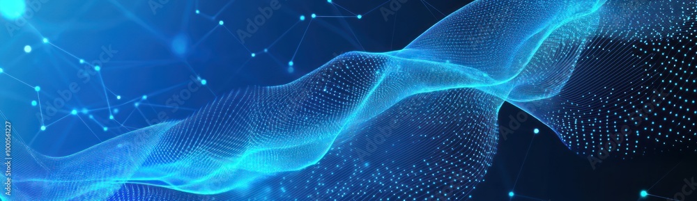 Poster abstract digital wave with glowing particles representing technology and data flow.