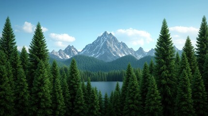 Fototapeta premium Tranquil Mountain Lake with Evergreen Forest and Majestic Peak