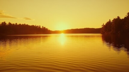 Fototapeta premium The smooth surface of a calm lake reflecting the golden hues of the sunset, with trees in the distance