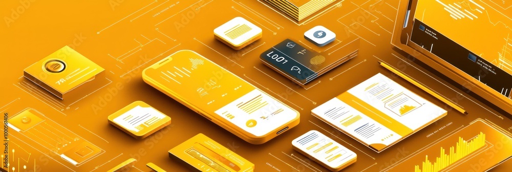 Poster a digital interface showcasing data analytics and mobile application design elements.