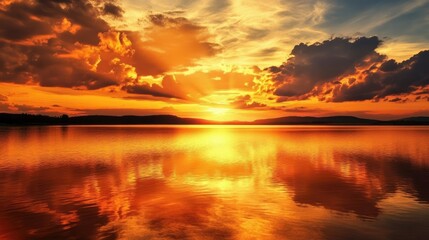Obraz premium Vibrant golden sky with fiery hues and dramatic clouds, reflecting on a calm lake at dusk
